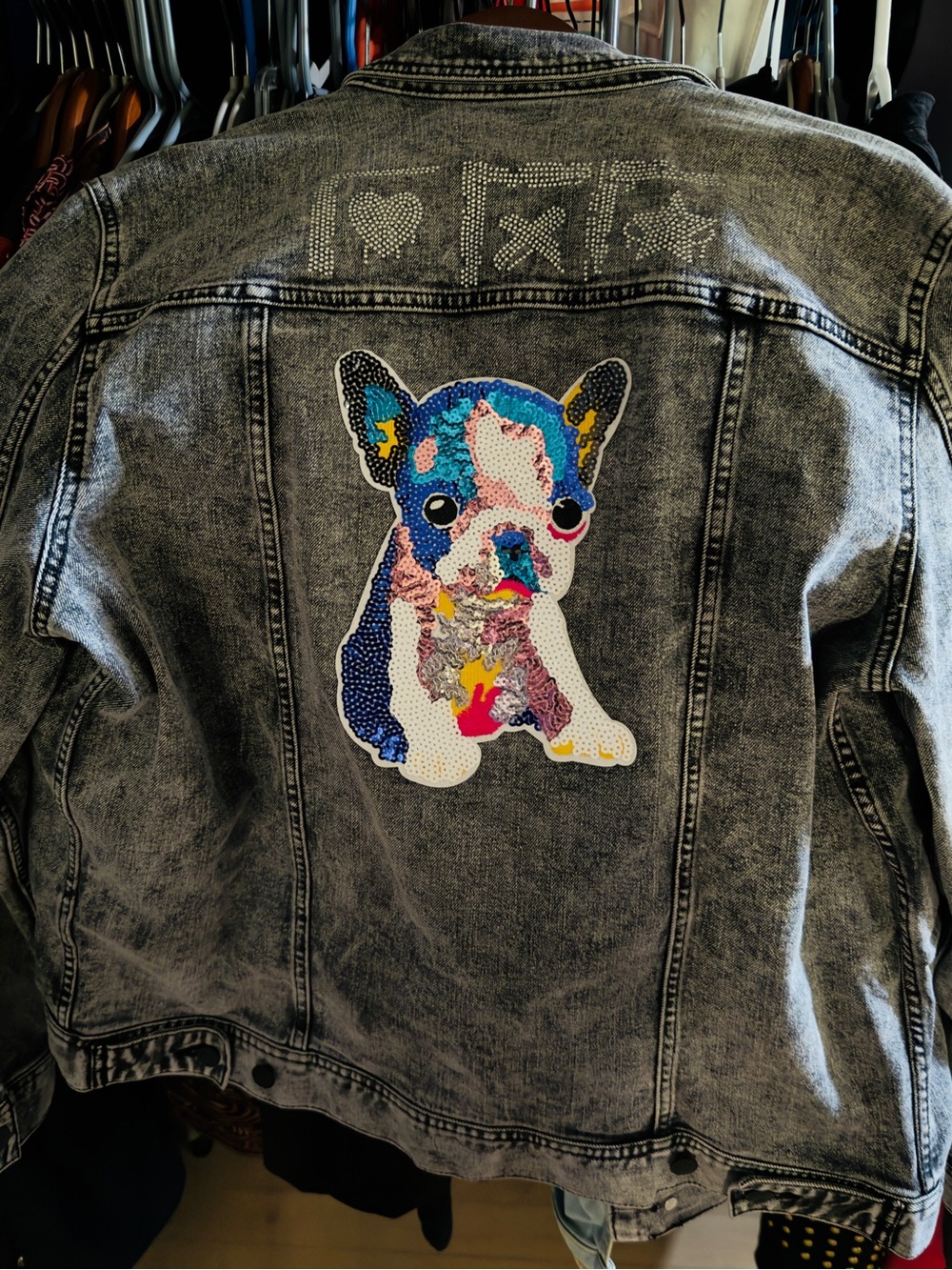 French Bulldog Jean Jacket. Sequined puppy patch. 1 of a kind!! ♥️